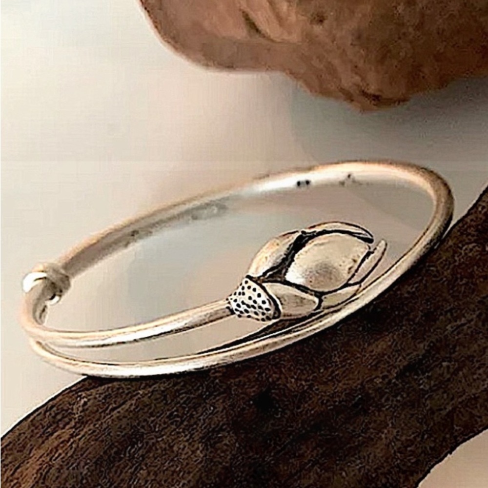 STERLING SILVER ROSE FLOWER BANGLE BRACELET - Picture 1 of 8